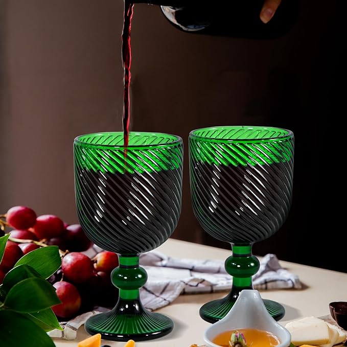 Vintage Wine Glasses Set of 6, 12 OZ Christmas Green Glass Water Goblets, Embossed Floral Decorative Crystal Glass Cups Set, Dishwasher Safe, for Wedding, Party, Red Wine Glass, Bars, Restaurants