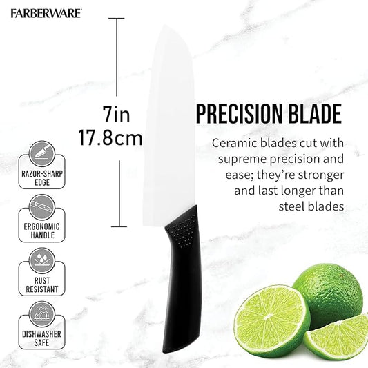 Ceramic Santoku Knife 7 Inch - High-Precision Blade for Meats, Fruits, and Vegetables - Durable with Protective Sheath - Black