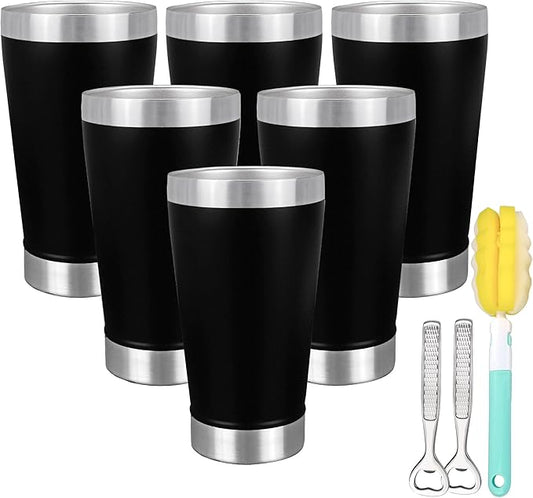 16 oz Insulated Pint Glasses Set of 6, Double Walled Cup Stainless Steel, Cold Drinking Stacking Tumbler, Black, Ideal for Beer Lover, Coffee, Cocktail