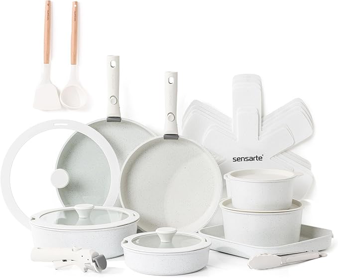 SENSARTE 24 Piece Pots and Pans Set, Nonstick Detachable Handle Cookware, Induction Kitchen Cookware Set with Removable Handle, Healthy Non Stick for RV, Dishwasher & Oven Safe (White)