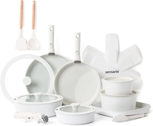 SENSARTE 24 Piece Pots and Pans Set, Nonstick Detachable Handle Cookware, Induction Kitchen Cookware Set with Removable Handle, Healthy Non Stick for RV, Dishwasher & Oven Safe (White)