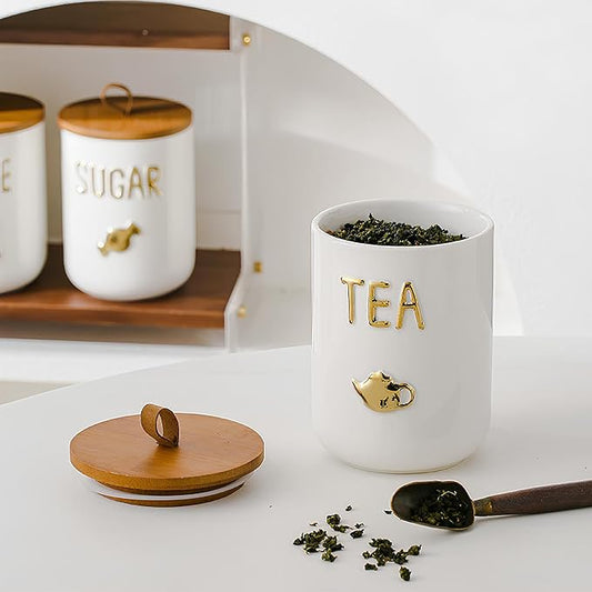 Comeon Ceramic Canister Set with Airtight Seal Bamboo Lid Silicone, 27oz Food Storage Jars for Coffee Sugar Tea, Container Set for Kitchen Pantry Counter Decor (Tea)