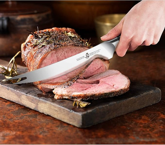 TUO BBQ Knife, 8 inch Roast Cutting Knife with Fork Tip for Grilled Meat Cutting, Serrated Edge, High Carbon German Steel, Comfortable Pakkawood Handle