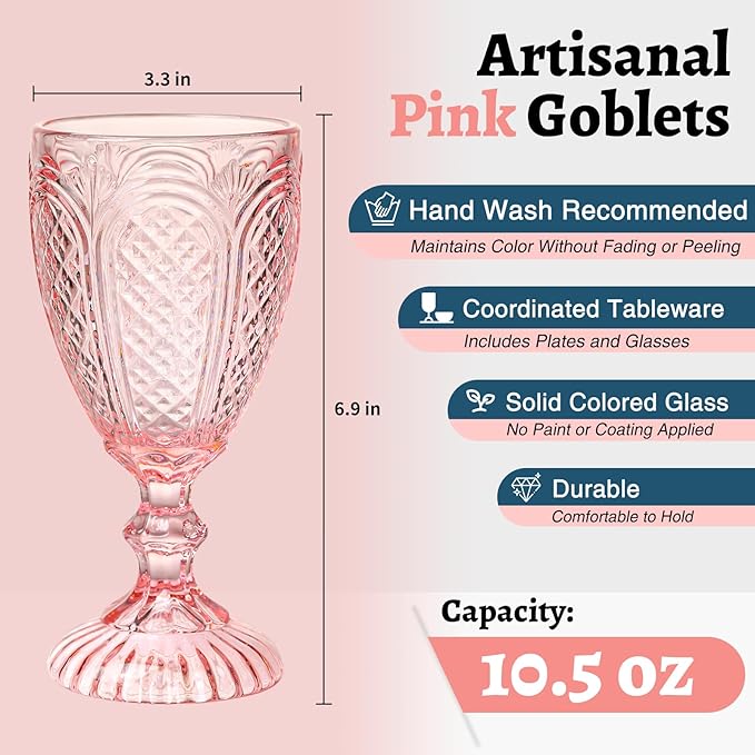 Pink Wine Glasses set of 6,colorful glass goblets made from Solid glass colors, Vintage Pink Glassware, Drinking glasses for Wedding, Birthday,Engagement or fancy glassware for everyday.