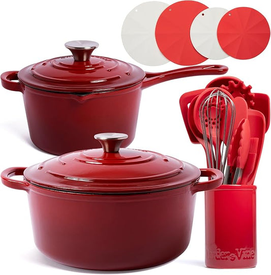 Larder & Vine 20 Piece Cookware Set (Cabernet) | Dutch Oven, Utensil Set, Saucepan, and Trivets