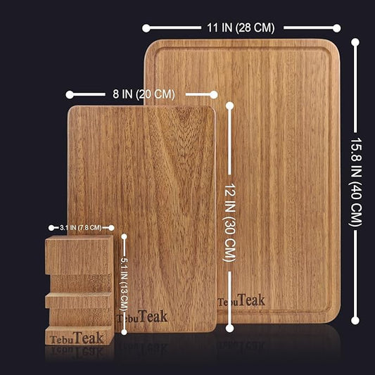 Solid Teak Wood Cutting Board Set - Single/One Piece Design Wooden Choping Boards Non Glued Knife-Friendly Durable Chopping Block for Kitchen Meat 15.8 x 11 IN & 12 x 8 IN (Includes Stand)