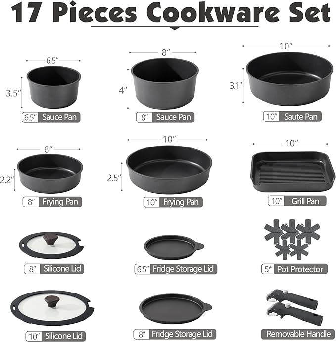 SENSARTE 17 Piece Pots and Pans Set, Nonstick Detachable Handle Cookware Set, Induction Kitchen Cookware Set with Removable Handle, Healthy Non Stick for RV, Dishwasher & Oven Safe, PFOA Free (Black)