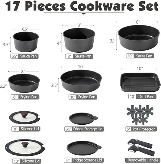 SENSARTE 17 Piece Pots and Pans Set, Nonstick Detachable Handle Cookware Set, Induction Kitchen Cookware Set with Removable Handle, Healthy Non Stick for RV, Dishwasher & Oven Safe, PFOA Free (Black)