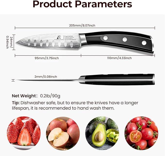 Paring Knife 3.75 Inch Fruit Knives, Small Kitchen Knife, Ultra Sharp German Stainless Steel Vegetable Knives, Damascus Pattern, Full Tang Handle Design, Elegant Black Ideal for Gift