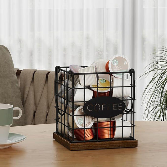 YINMIT K Cup Holder Organizer, Rustic Coffee Pod Holder Organizer, 35 Kcup Holder for Counter with Handle,Large Capacity Black Wire Coffee Capsule Basket for Kitchen Office Desktop (Square Grid)