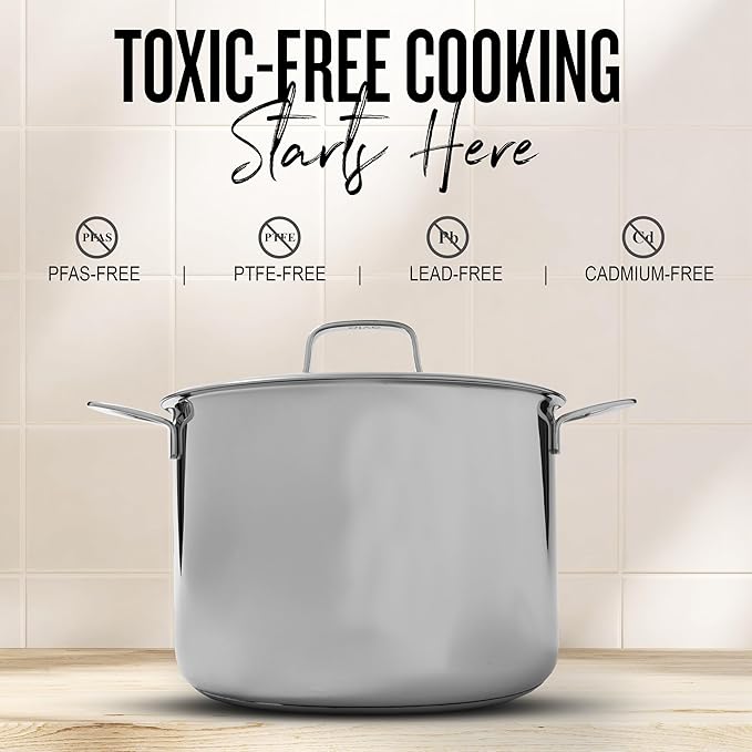Alva Maestro Stainless Steel Stock Pot 8Qt. - Lasered Engrave Measurement, Oven Safe and Made without PFAS, PFOA & PTFE - Induction and All Stovetop Compatible with Even Heat Distribution