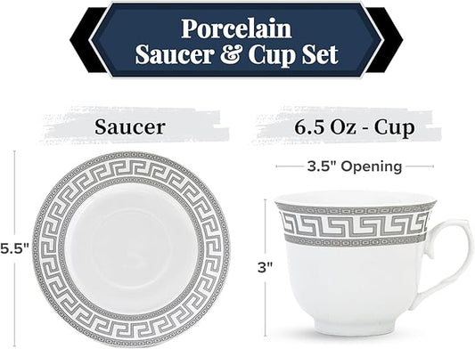 Porcelain Tea Cup and Saucer Set - 12 Piece White and Silver Greek Key Design - 6.5 oz Cups, 5.5 inch Saucers - Vintage Tea Set For Adults, Elegant Party Tea Cup Set (Meander Silver)