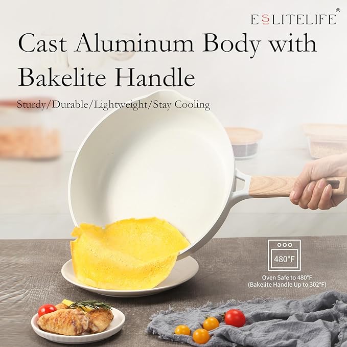 ESLITE LIFE Frying Pans Set Nonstick Skillets Set Egg Omelette Pans, Healthy Ceramic Coating Cookware Chef's Pan, Compatible with All Stovetops (Gas, Electric & Induction), PFOA Free (White,4-Piece)
