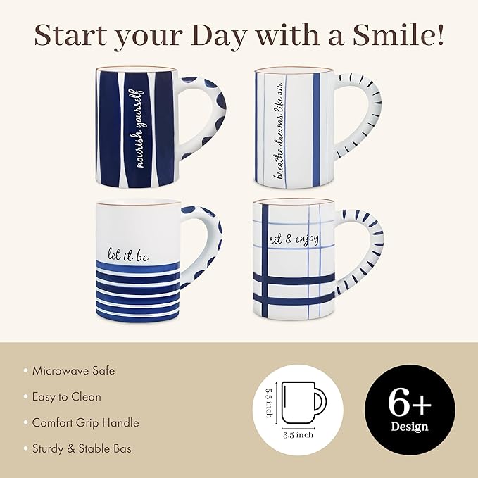 Young's Inc Ceramic Coffee Mug Set of 4, Blue and White Cups for Tea, Coffee, Cold Drinks, Gift for Coffee Lovers, Birthday, Microwave-Safe Dishwasher Safe Kitchen Decor, 5.5-inch Height