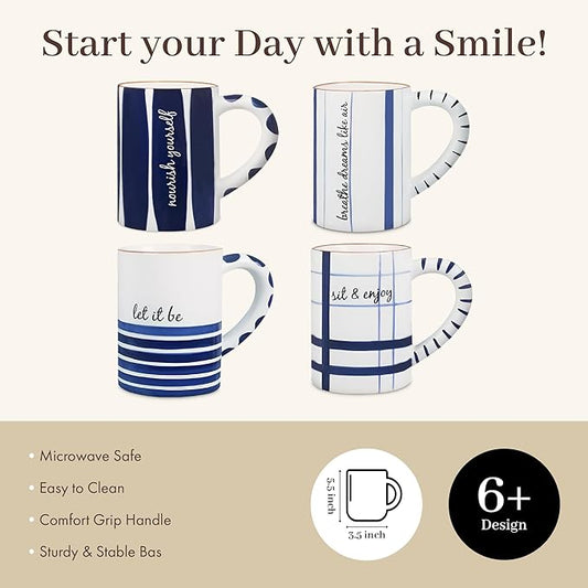 Young's Inc Ceramic Coffee Mug Set of 4, Blue and White Cups for Tea, Coffee, Cold Drinks, Gift for Coffee Lovers, Birthday, Microwave-Safe Dishwasher Safe Kitchen Decor, 5.5-inch Height