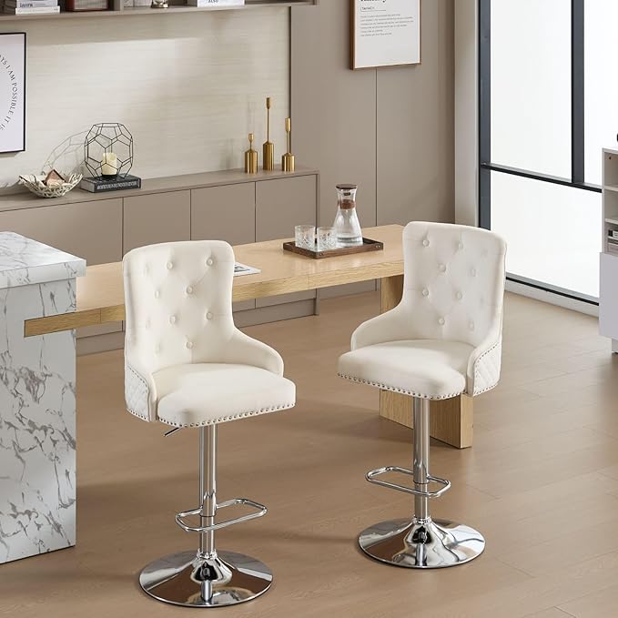 Velvet Lion Bar Stools Set of 4, Modern Height Adjustable Swivel Barstools with Chrome Base, Tufted Counter Height Bar Stools Upholstered Bar Chairs for Kitchen Island, Dining Room, Beige