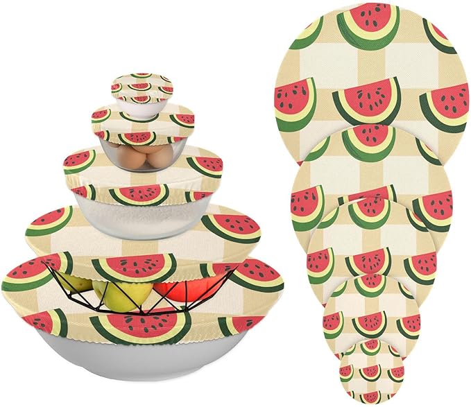 5 Pcs Bowl Covers Reusable in 5 Size Elastic Food Cover Cloth Lids Fresh Keeping Dish Cookware Bakeware Fabric Covers Lids for Food Leftovers Fruits Storage Cute Watermelon Slices Checkered