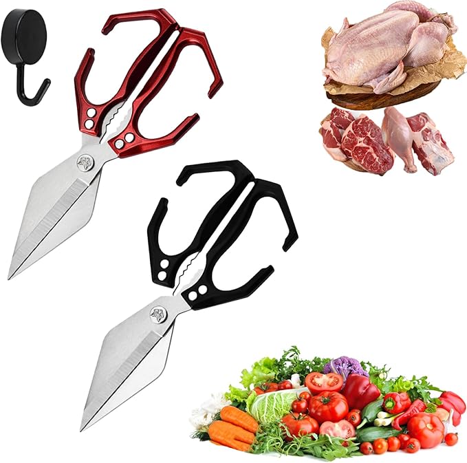 Seattleget Multifunctional Heavy-Duty Kitchen Shears, High-Carbon Steel 9.25" Multipurpose Kitchen Scissors for Chicken, Meat & Veggies, Ergonomic Non-Slip Handle, Built-in Nut Cracker (Black+Red)