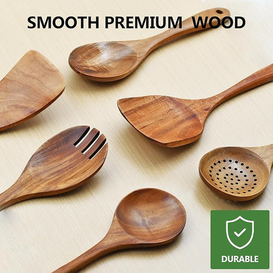 Wooden Spoon Set-6 Piece Wooden Cutlery-Daily Wooden Cutlery Cooking Spoon-Natural Teak Kitchen Set-Teak Cooking Utensils with Smooth Non-Stick Surface-For use in the kitchen when cooking