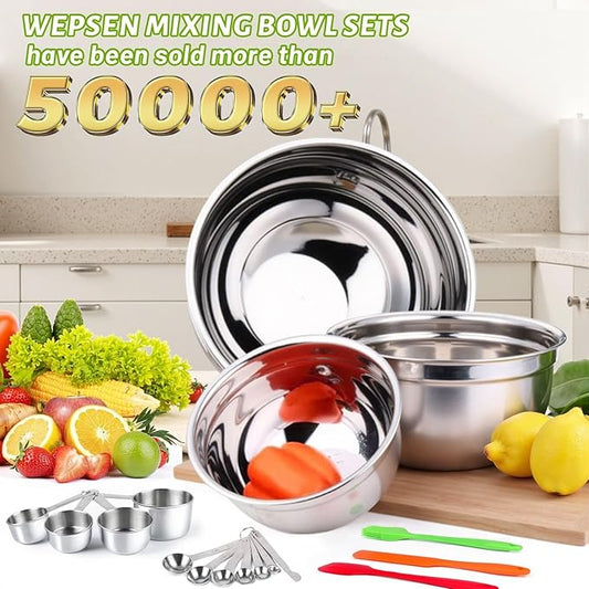 Mixing Bowls with Lid Set, 27PCS Kitchen Utensils Metal Bowl Stainless Steel Nesting Bowls, Measuring Cups and Spoons, Egg Whisk for Baking