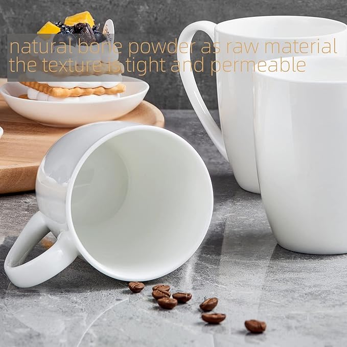 12 oz Fine Bone China Coffee Mugs Set of 6, Over 45% Bone Content White Mugs, Durable Porcelain Coffee Mugs Sets, White Ceramic Lightweight Tea Milk Cups, Microwave & Dishwasher Safe