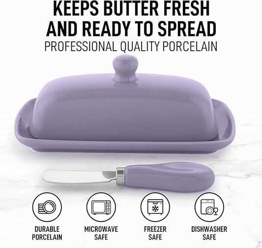 Zulay Butter Dish With Lid For Countertop - Porcelain White, Ceramic Butter Dish with Knob Handle Great for Cooking - Elegant Design Butter Holder - Durable & Sturdy Butter Keeper - Periwinkle
