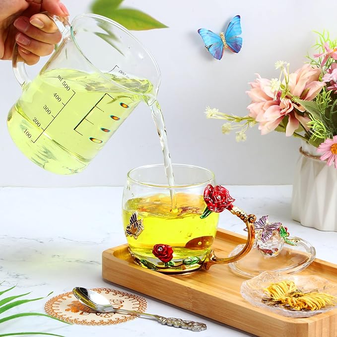 Nuanchu 4 Sets Flower Glass Tea Cups with Lids and Spoon Butterfly Vintage Glass Coffee Mugs Floral Fancy Clear Teacup for Christmas Women Mom Wife Girlfriend(Pink, Purple, Blue, Red,11 oz)