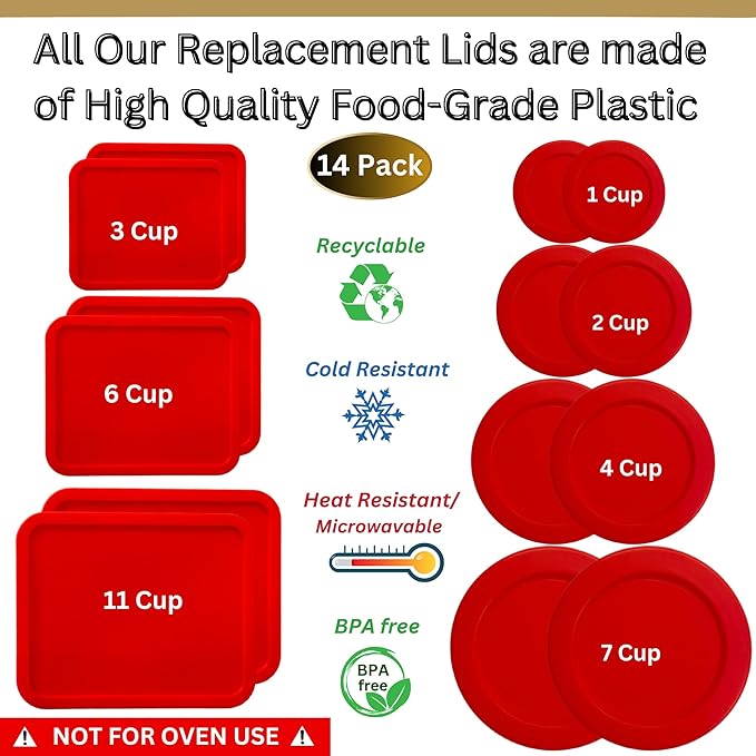 1, 2, 4 & 7 Cup Red Round & 3, 6, 11 Cup Red Rectangle Replacement Lids/Covers for Pyrex, Anchor Hocking & KlareWare Storage Bowls *Lids Only -Glass Container Not Included*, 14 Pack *2 of Each Size*