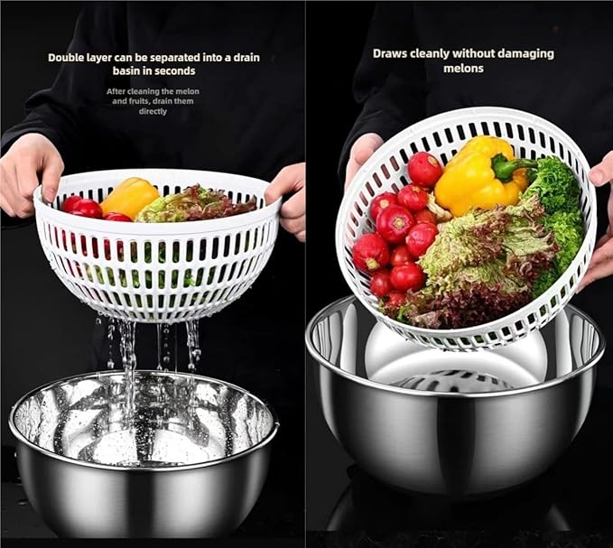 Large Stainless Steel Pump Salad Spinner, with Bowl and Colander and Retractable Pusher and Brake Button - Quick and Easy Multi-Use Lettuce Spinner, Vegetable Dryer, Fruit Washer Spinner (Black, 3.5L)
