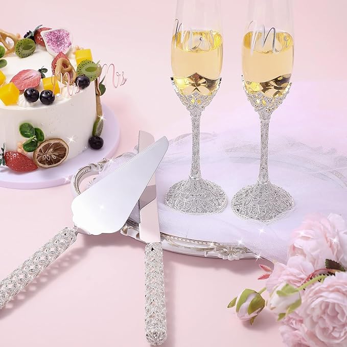 4-Piece Wedding Cake Knife and Champagne Flutes Set, Crystal Rhinestone Glasses and Cake Cutting Server for Bride and Groom Wedding Reception or Anniversary (Gold, Elegant Design) (Silver)