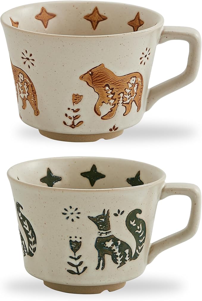 12oz Vintage Ceramic Coffee Mug Set of 4 - Handmade Stoneware Pottery Countryside Farmhouse Fall Autumn Tea Mugs with Big Handle for Latte,Cocoa,Dishwasher & Microwave Safe Cups (Animals)