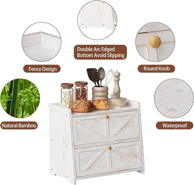 Vintage Double Layer Bread Box for Kitchen Counter Bamboo Bread Storage Container Large Capacity Bread Storage Bin (Antique White)