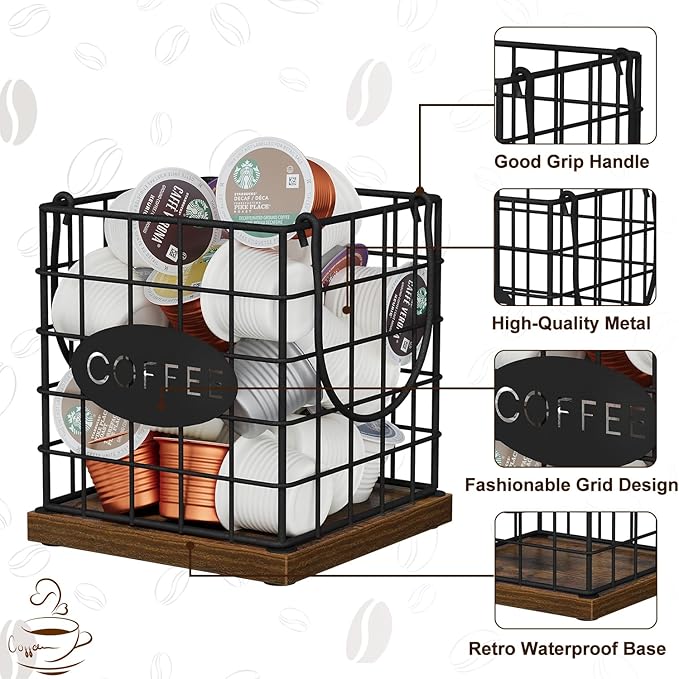 YINMIT K Cup Holder Organizer, Rustic Coffee Pod Holder Organizer, 35 Kcup Holder for Counter with Handle,Large Capacity Black Wire Coffee Capsule Basket for Kitchen Office Desktop (Square Grid)
