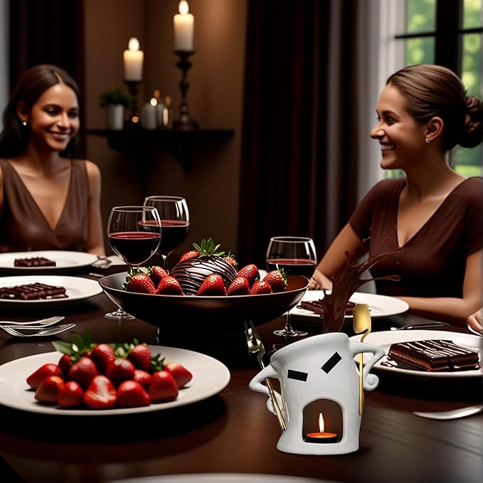 Chocolate Fondue Mug with Attitude - Ceramic Melting Cup with Fork, Candle Warmer - Perfect for Date Night, Dessert, Family Fun (Red)