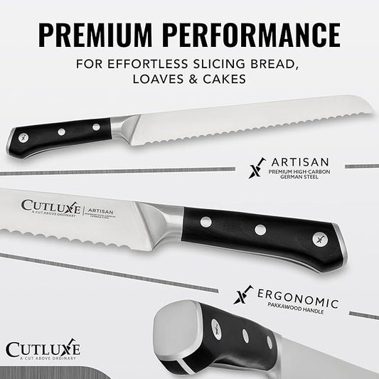 Cutluxe Bread Knife – 10" Serrated Knife for Homemade, Sourdough Bread – Forged High Carbon German Steel – Full Tang & Razor Sharp – Ergonomic Handle Design – Artisan Series