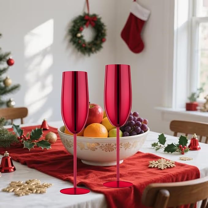 Champagne Glasses Set of 2 Stainless Steel Champagne Flutes Wedding Gifts for Bride 8.5 oz Unbreakable Champagne Glasses for Party Wedding Christmas Anniversary Brithday (Red)