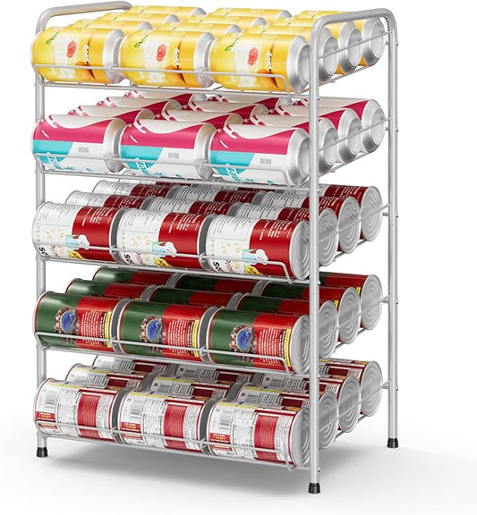 Vrisa Can Organizer for Pantry 5 Tier Canned Food Organizer Can Storage Rack Holds Up to 60 Cans Rolling Soda Soup Vegetable Can Goods Dispenser Shelf for Kitchen Pantry Cabinet, Silver