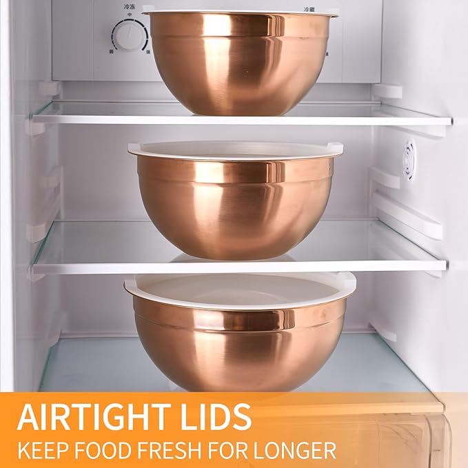 Rose Gold Mixing Bowls with Airtight Lids, Stainless Steel Nesting Mixing Bowls Set of 7, Ideal for Baking, Prepping and Serving Food, Size 7, 3.6, 2.7, 2.1, 1.5, 1.1,0.8 QT, Stackable Design