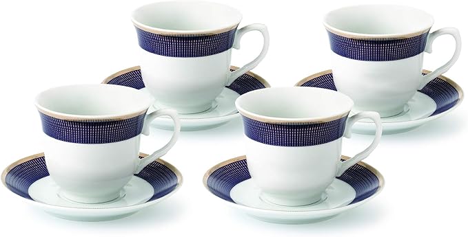 World Gifts Elegant Durable and Colorful Porcelain Tea-Coffee Cups and Saucers Set - Blue and Gold, 8 oz. Set of 4
