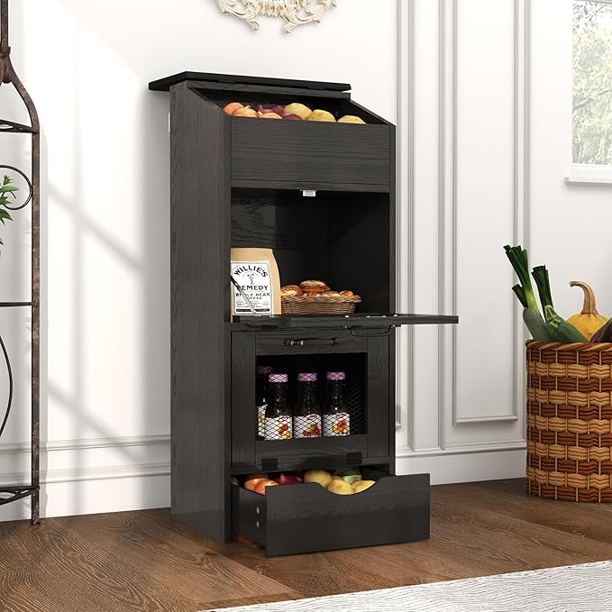 Verano Garden Potato Storage Bin, Wood Bread Box with Lid, Farmhouse Potato and Onion Storage Bin with Mesh Doors, Fruit and Vegetable Storage Rack with Removable Drawer (Black, 16.0")