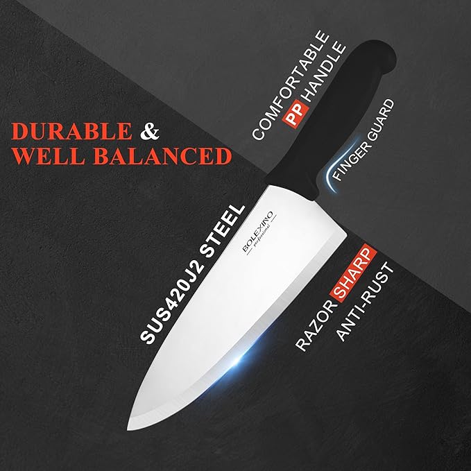 8 inch Japanese High Carbon Stainless Steel Chef Knife, Professional Extra Sharp Wide Cook Knife with Non-slip Ergonomic Handle, for Kitchen Home Restaurant