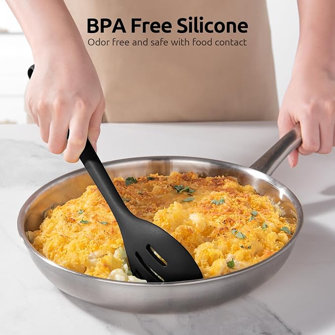 600ºF Heat Resistant Silicone Spoons: U-Taste 13.3in Solid & Slotted Kitchen Cooking Spoon, Nonstick Long Rubber Utensil, Sturdy for Mixing, Serving, Stirring, Frying, Draining (Black, 2PCS)