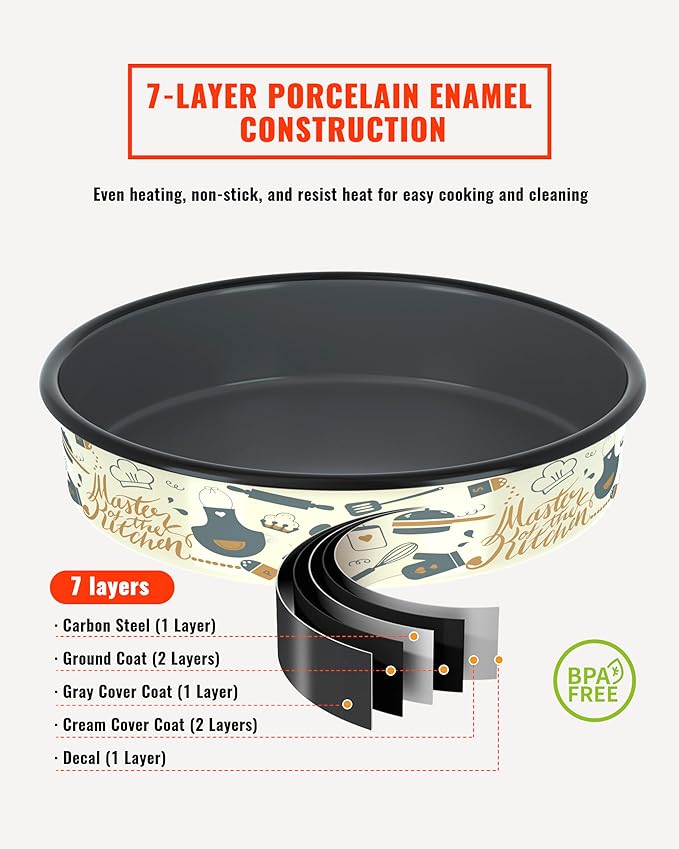 Enamel Round Baking Pans Set Roasting Dish 4-Pack 9/10/12/14 Inch Non Stick Large Cookware for Cake Bread Pie Pizza Turkey Steak, Non-Toxic Carbon Steel Oven Dishwasher Safe Thanksgiving Bakeware