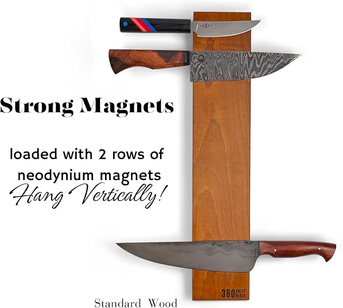 360KnifeBlock BAR - 4”x18” Guitar Wood wall mount knife BAR - verticle hang magnetic knive bar, two rows of magnets, solid wood, handmade in washington - 18" wood