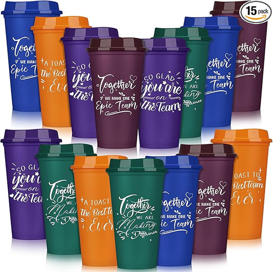 Pickmesh 15 Pcs Employee Appreciation Gifts Christmas Thank You Gift for Team Building 16 oz Teacher Plastic Coffee Cup with Lid Inspirational Travel Tumbler for Coworker Staff Pastor (Multicolor)