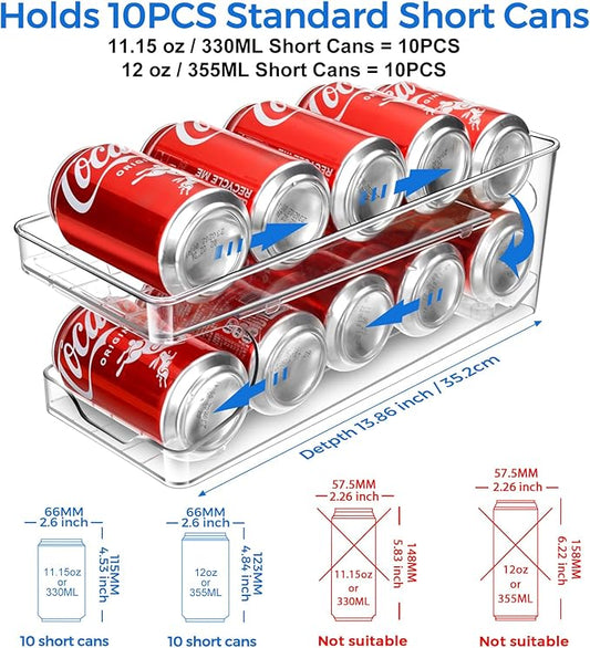 Rolling Soda Can Organizer for Refrigerator Can Dispenser for Beer Soda Seltzer Pop Can Soda Organizer for 10 Standard Size 11.15oz or 12oz Cans Holder Storage Pantry Organization
