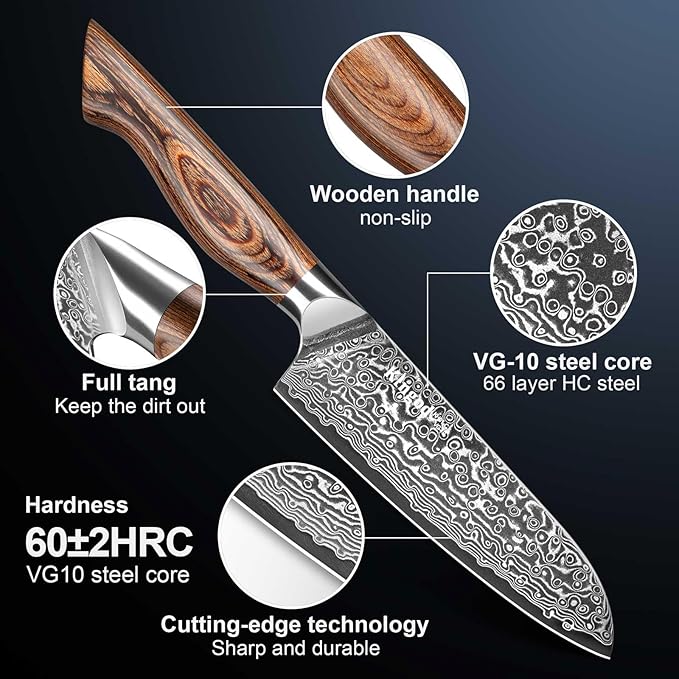 KINGOD Santoku 5 inch Chef Knife, Small Kitchen Knife, High Carbon Stainless Steel with VG10 Core, Ergonomic Wood Handle, Home or Restaurant