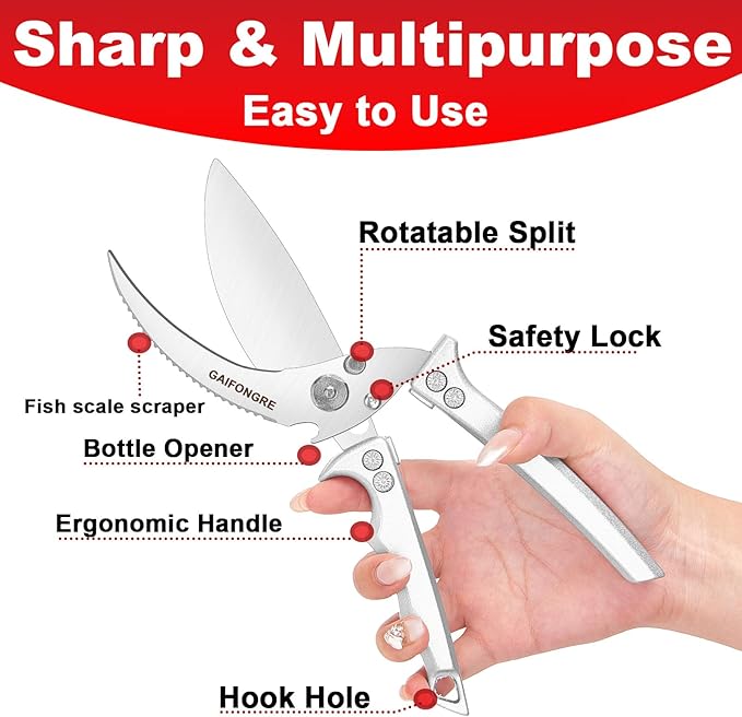 Poultry Shears Heavy Duty,Kitchen Shears for food Heavy Duty,Kitchen Scissors All Purpose,Chicken Shears,Fish,Meat,Easily Separable for Thorough Cleaning,Dishwasher Safe (Silver)