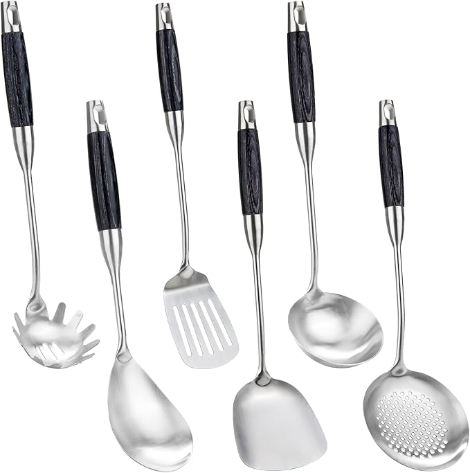 FJNATINH Kitchen Utensils Set - Wok Utensil - Wok Tools - 6 Pieces Ebony Wooden Handle Cooking Tools with Wok Spatula, Soup Ladle, Skimmer Spoon, Slotted Spatula Turner, Spaghetti Server, Solid Spoon