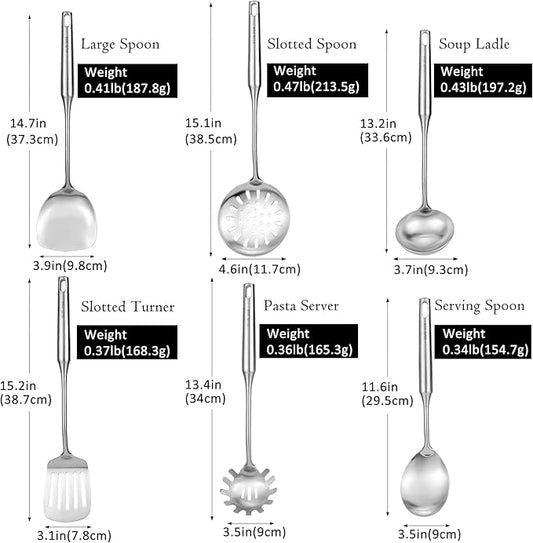 18/8 Stainless Steel Kitchen Utensils Set, 6 PCS 15in Metal Cooking Utensil Gadgets Tools Set with Spatula, Deep Ladle, spoon, Skimmer, Pasta Server, Slotted Spatula Turner, Dishwasher Safe (6Pack)
